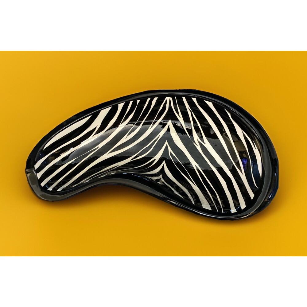 Large Ceramic Kidney Shaped Serving Bowl Zebra Black Stripes 17.5”x8.5"x3.5"